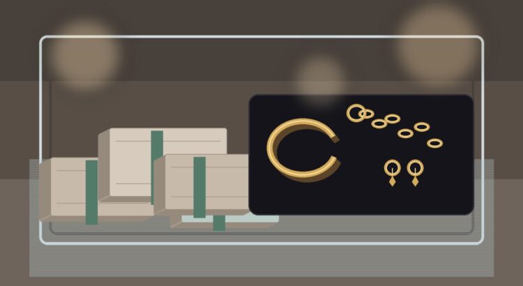 Наличные, ювелирные изделия на стойке ломбарда