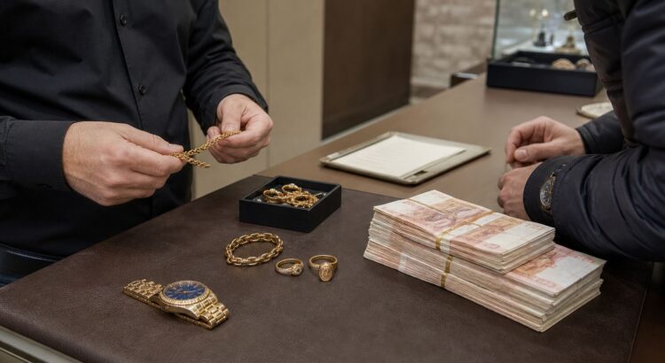 Наличные, золотые украшения и часы на стойке ломбарда